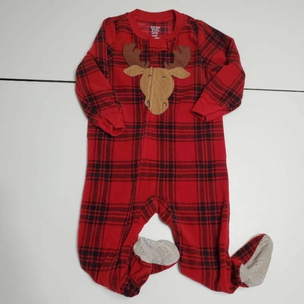 Just One You By Carters Boys Fleece Footed Pajamas Red Black Plaid Moose 12 Mos